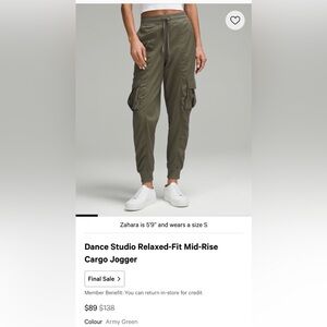 Army green Lululemon dance studio relaxed fit mid rise cargo jogger